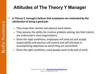 Attitudes of The Theory Y Manager

• In Theory Y, managers believe that employees are motivated by the
  satisfaction of doing a good job:

    – They enjoy their mental and physical work duties.
    – They possess the ability for creative problem solving, but their talents
      are underused in most organizations.
    – Given the right conditions, employees will seek out and accept
      responsibility and exercise self-control and self-direction in
      accomplishing objectives to which they are committed.
    – Given the right conditions, most people want to do well at work.




                    Douglas W. Bush, M.A. http://www.douglaswbush.com
                                 2007 © All Rights Reserved
 