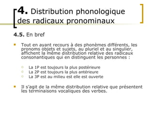4.   Distribution phonologique des radicaux pronominaux ,[object Object],[object Object],[object Object],[object Object],[object Object],4.5.  En bref 