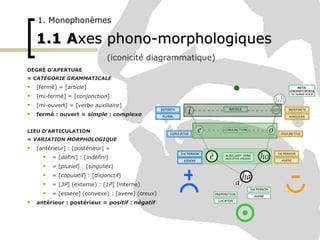1.1   A xes phono-morphologiques 1. Monophonèmes <ul><li>DEGR É D’ APERTURE  </li></ul><ul><li>=  CAT ÉGORIE GRAMMATICALE ...