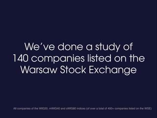 We’ve done a study of
140 companies listed on the
Warsaw Stock Exchange

All companies of the WIG20, mWIG40 and sWIG80 ind...