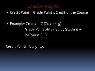 Credit Points
 Credit Point = Grade Point x Credit of the Course
 Example: Course – Z (Credits: 5)
Grade Point obtained by Student A
in Course Z: 8
Credit Points : 8 x 5 = 40
 