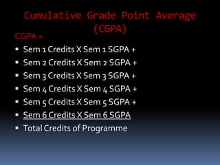 Cumulative Grade Point Average
(CGPA)
CGPA =
 Sem 1 Credits X Sem 1 SGPA +
 Sem 2 Credits X Sem 2 SGPA +
 Sem 3 Credits X Sem 3 SGPA +
 Sem 4 Credits X Sem 4 SGPA +
 Sem 5 Credits X Sem 5 SGPA +
 Sem 6 Credits X Sem 6 SGPA
 Total Credits of Programme
 