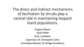 The direct and indirect mechanisms
of facilitation by shrubs play a
central role in maintaining leopard
lizard populations.
Progress Report
Taylor Noble
M.Sc. Candidate
Supervisor: Dr. Christopher Lortie
Committee Member: Dr. Bridget Stutchbury
 