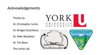 Acknowledgements
Thanks to:
Dr. Christopher Lortie
Dr. Bridget Stutchbury
Dr. Mike Westphal
Dr. Tim Bean
The Lortie Lab
 