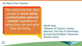 danah boyd
“Streams of Content, Limited
Attention: the Flow of Information
through Social Media” Educause
Review Online
“We need tools that allow
people to more easily
contextualize relevant
content regardless of
where they are and what
they are doing…”
 