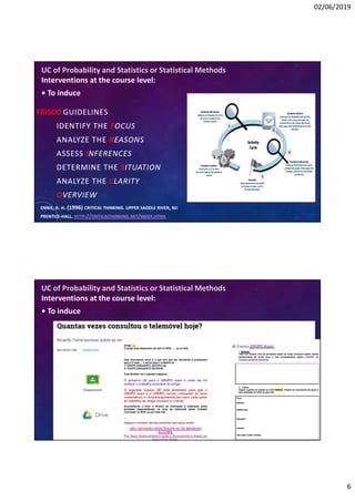 02/06/2019
6
FRISCO GUIDELINES
IDENTIFY THE FOCUS
ANALYZE THE REASONS
ASSESS INFERENCES
DETERMINE THE SITUATION
ANALYZE THE CLARITY
OVERVIEW
ENNIS, R. H. (1996) CRITICAL THINKING. UPPER SADDLE RIVER, NJ:
PRENTICE-HALL. HTTP://CRITICALTHINKING.NET/INDEX.HTML
UC of Probability and Statistics or Statistical Methods
Interventions at the course level:
• To induce
UC of Probability and Statistics or Statistical Methods
Interventions at the course level:
• To induce
 
