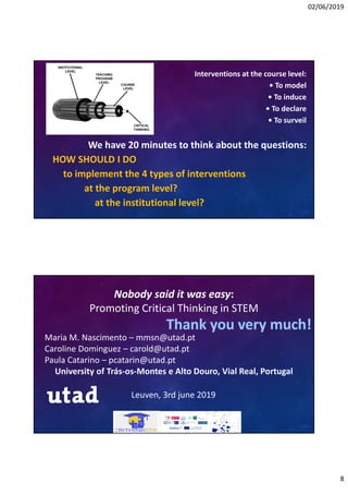 02/06/2019
8
Interventions at the course level:
• To model
• To induce
• To declare
• To surveil
We have 20 minutes to think about the questions:
HOW SHOULD I DO
to implement the 4 types of interventions
at the program level?
at the institutional level?
Nobody said it was easy:
Promoting Critical Thinking in STEM
Leuven, 3rd june 2019
Maria M. Nascimento – mmsn@utad.pt
Caroline Dominguez – carold@utad.pt
Paula Catarino – pcatarin@utad.pt
University of Trás-os-Montes e Alto Douro, Vial Real, Portugal
 