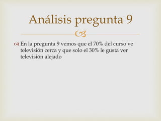 Análisis pregunta 9 
 
 En la pregunta 9 vemos que el 70% del curso ve 
televisión cerca y que solo el 30% le gusta ver 
televisión alejado 
 