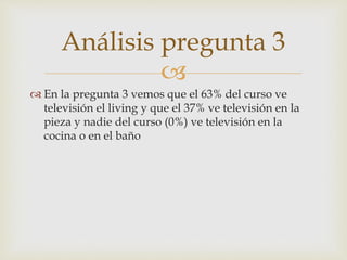 Análisis pregunta 3 
 
 En la pregunta 3 vemos que el 63% del curso ve 
televisión el living y que el 37% ve televisión en la 
pieza y nadie del curso (0%) ve televisión en la 
cocina o en el baño 
 