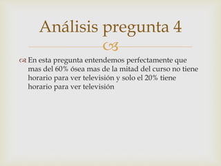 Análisis pregunta 4 
 
 En esta pregunta entendemos perfectamente que 
mas del 60% ósea mas de la mitad del curso no tiene 
horario para ver televisión y solo el 20% tiene 
horario para ver televisión 
 