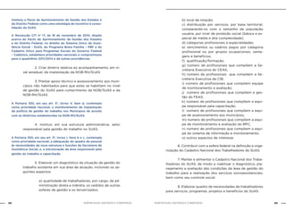 NOB-RH/SUAS: ANOTADA E COMENTADA68 69NOB-RH/SUAS: ANOTADA E COMENTADA
instituiu o Pacto de Aprimoramento de Gestão dos Estados e
do Distrito Federal como uma estratégia de incentivo à conso-
lidação do SUAS.
A Resolução CIT nº 17, de 18 de novembro de 2010, dispõe
acerca do Pacto de Aprimoramento da Gestão dos Estados
e do Distrito Federal, no âmbito do Sistema Único de Assis-
tência Social - SUAS, do Programa Bolsa Família – PBF e do
Cadastro Único para Programas Sociais do Governo Federal
– Cadúnico, estabelece prioridades nacionais e compromissos
para o quadriênio 2011/2014 e dá outras providências.
		 2. Criar diretriz relativa ao acompanhamento, em ní-
vel estadual, da implantação da NOB-RH/SUAS.
		 3. Prestar apoio técnico e assessoramento aos muni-
cípios não habilitados para que estes se habilitem no nível
de gestão do SUAS para cumprimento da NOB/SUAS e da
NOB-RH/SUAS.
A Portaria 350, em seu art. 3º, inciso V, item d, contempla
como prioridade nacional, o monitoramento da implantação
da política de gestão do trabalho nos Municípios de acordo
com as diretrizes estabelecidas na NOB-RH/SUAS.
		 4. Instituir, em sua estrutura administrativa, setor
responsável pela gestão do trabalho no SUAS.
A Portaria 350, em seu art. 3º, inciso I, itens b e c, contempla
como prioridade nacional, a adequação do quadro de pessoal
às necessidades da nova estrutura e funções da Secretaria de
Assistência Social; e, a estruturação da área responsável pela
gestão do trabalho e capacitação
		 5. Elaborar um diagnóstico da situação de gestão do
trabalho existente em sua área de atuação, incluindo os se-
guintes aspectos:
a) quantidade de trabalhadores, por cargo, da ad-
ministração direta e indireta, os cedidos de outras
esferas de gestão e os terceirizados;
b) local de lotação;
c) distribuição por serviços, por base territorial,
comparando-os com o tamanho da população
usuária, por nível de proteção social (básica e es-
pecial de média e alta complexidade);
d) categorias profissionais e especialidades;
e) vencimentos ou salários pagos por categoria
profissional ou por grupos ocupacionais, vanta-
gens e benefícios;
f) qualificação/formação;
g) número de profissionais que compõem a Se-
cretaria Executiva do CEAS;
h) número de profissionais que compõem a Se-
cretaria Executiva da CIB;
i) número de profissionais que compõem equipe
de monitoramento e avaliação;
j) número de profissionais que compõem a ges-
tão do FEAS;
k) número de profissionais que compõem a equi-
pe responsável pela capacitação;
l) número de profissionais que compõem a equi-
pe de assessoramento aos municípios;
m) número de profissionais que compõem a equi-
pe de monitoramento e avaliação do BPC;
n) número de profissionais que compõem a equi-
pe do sistema de informação e monitoramento;
o) outros aspectos de interesse.
		 6. Contribuir com a esfera federal na definição e orga-
nização do Cadastro Nacional dos Trabalhadores do SUAS.
		 7. Manter e alimentar o Cadastro Nacional dos Traba-
lhadores do SUAS, de modo a viabilizar o diagnóstico, pla-
nejamento e avaliação das condições da área de gestão do
trabalho para a realização dos serviços socioassistenciais,
bem como seu controle social.
		 8. Elaborar quadro de necessidades de trabalhadores
para serviços, programas, projetos e benefícios do SUAS.
 