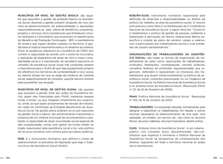 NOB-RH/SUAS: ANOTADA E COMENTADA104 105NOB-RH/SUAS: ANOTADA E COMENTADA
MUNICÍPIOS EM NÍVEL DE GESTÃO BÁSICA: são aque-
les que assumem a gestão da proteção básica na Assistên-
cia Social, devendo a gestão prevenir situações de risco por
meio do desenvolvimento de potencialidades e aquisições,
responsabilizando-se pela oferta de benefícios, programas,
projetos e serviços sócio-assistenciais que fortaleçam víncu-
los familiares e comunitários que promovam os beneficiários
do Beneficio de Prestação Continuada – BPC e transferência
de renda e que vigiem direitos violados no território. A ges-
tão básica implica importante avanço no desenho do sistema.
Entre as exigências destacam-se a existência de CRAS (em
número e capacidade de acordo com o porte do município),
a realização de diagnóstico de áreas de risco e maior vulne-
rabilidade social e a manutenção de secretaria executiva no
conselho de assistência social. Essas três condições revelam
a importância para o SUAS de que haja equipamento próprio
de referência nos territórios de vulnerabilidade e risco social,
ao mesmo tempo em que se exige da instância de controle
social, especificamente do conselho, suporte técnico mínimo
para possibilitar sua atuação.
MUNICÍPIOS EM NÍVEL DE GESTÃO PLENA: são aqueles
que possuem a gestão total das ações da Assistência So-
cial, sejam elas financiadas pelo FNAS, mediante repasse
fundo a fundo, ou que cheguem diretamente aos usuários,
ou, ainda, as que sejam provenientes de isenção de tributos,
em razão do Certificado de Entidade Beneficente da Assis-
tência Social. Na gestão plena ampliam-se os pré-requisitos
da gestão inicial e básica, são extremamente importantes a
presença de um sistema municipal de monitoramento e ava-
liação, a capacidade de atuar na proteção social especial de
alta complexidade, contar com gestor do fundo lotado no
órgão responsável pela assistência social e ter uma política
de recursos humanos com carreira para servidores públicos.
NOB: é o instrumento normativo que definirá o modo de
operacionalizar os preceitos da legislação que rege o Siste-
ma Único de Assistência Social (SUAS).
NOB/RH-SUAS: instrumento normativo responsável pela
definição de diretrizes e responsabilidades no âmbito da
política do trabalho na área da assistência social. O mesmo
está previsto como Meta 2 na Deliberação da V Conferência
Nacional da Assistência Social, a seguir descrita: “Construir
e implementar a política de gestão de pessoas, mediante a
elaboração e aprovação de Norma Operacional Básica es-
pecífica e criação de plano de carreira, cargos e salários,
com a participação dos trabalhadores sociais e suas entida-
des de classes representativas”.
ORGANIZAÇÕES DE TRABALHADORES DA ASSISTÊN-
CIA SOCIAL: são todas as formas de organização de tra-
balhadores do setor como: associações de trabalhadores,
sindicatos, federações, confederações, centrais sindicais,
conselhos federais de profissões regulamentadas que or-
ganizam, defendem e representam os interesses dos tra-
balhadores que atuam institucionalmente na política de as-
sistência social, conforme preconizado na Lei Orgânica de
Assistência Social, na Política Nacional de Assistência Social
e no Sistema Único da Assistência Social. (Resolução CNAS
nº 23, de 16 de fevereiro de 2006).
PNAS: Política Nacional de Assistência Social - Resolução
nº 145, de 15 de outubro de 2004.
TRABALHADORES: é a expressão utilizada, normalmente, para
designar e especificar os trabalhadores, em relação a outros
recursos necessários ao desenvolvimento de uma ação, uma
operação, um projeto, um serviço, etc., tais como os recursos
físicos, recursos materiais, recursos financeiros, dentre outros.
SUAS: Sistema Único de Assistência Social - é um sistema
público com comando único, descentralizado, não-con-
tributivo que organiza e normatiza a Política Nacional de
Assistência Social na perspectiva da universalização dos
direitos, regulando em todo o território nacional as ações
sócio-assistenciais.
 