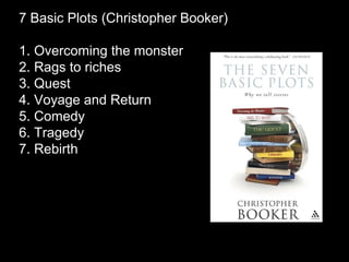 7 Basic Plots (Christopher Booker)
1. Overcoming the monster
2. Rags to riches
3. Quest
4. Voyage and Return
5. Comedy
6. Tragedy
7. Rebirth
 