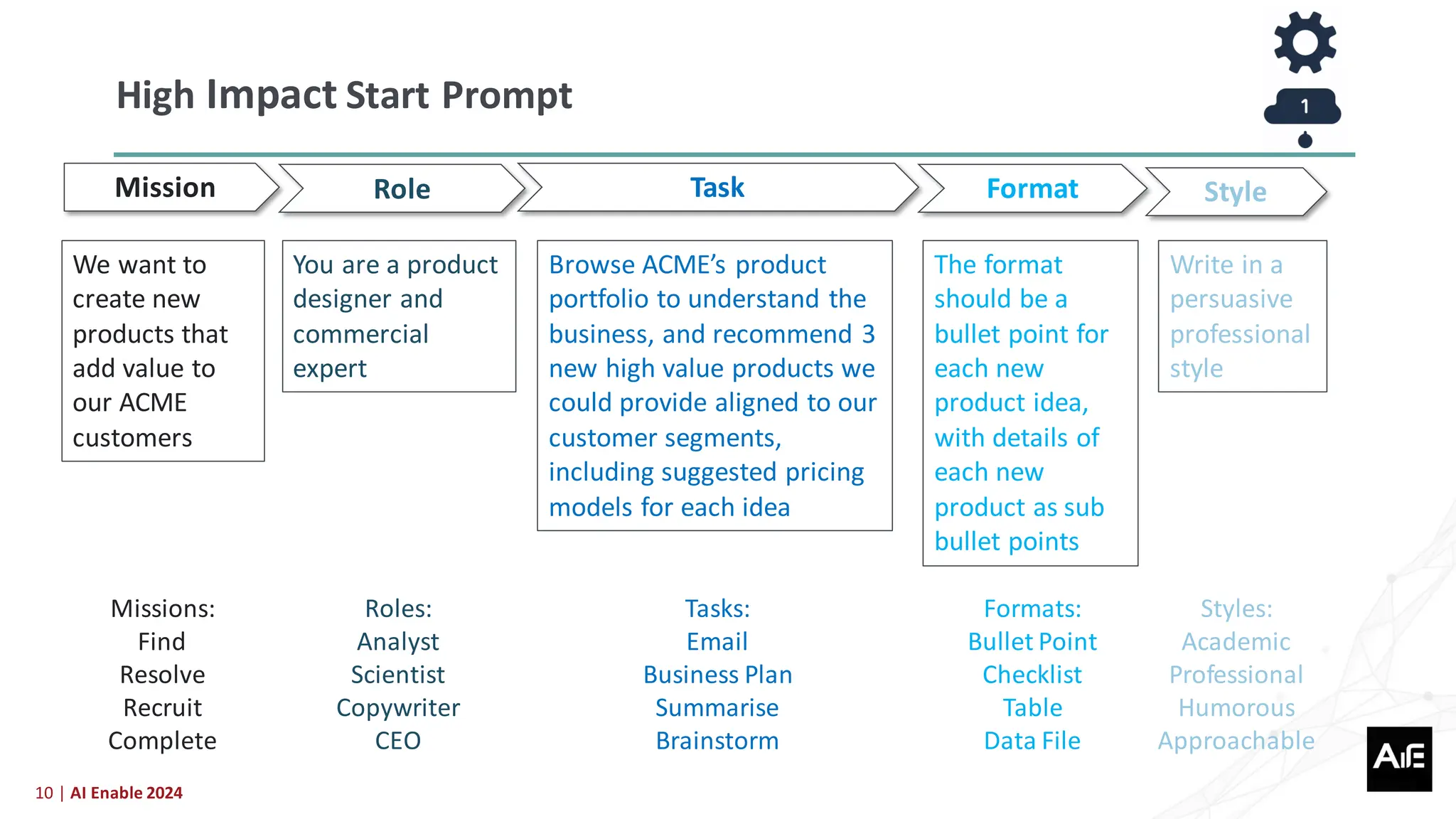 10 | AI Enable 2024
High Impact Start Prompt
We want to
create new
products that
add value to
our ACME
customers
Missions:
Find
Resolve
Recruit
Complete
Roles:
Analyst
Scientist
Copywriter
CEO
Tasks:
Email
Business Plan
Summarise
Brainstorm
Formats:
Bullet Point
Checklist
Table
Data File
Styles:
Academic
Professional
Humorous
Approachable
Role Task Format Style
Mission
You are a product
designer and
commercial
expert
Browse ACME’s product
portfolio to understand the
business, and recommend 3
new high value products we
could provide aligned to our
customer segments,
including suggested pricing
models for each idea
The format
should be a
bullet point for
each new
product idea,
with details of
each new
product as sub
bullet points
Write in a
persuasive
professional
style
 