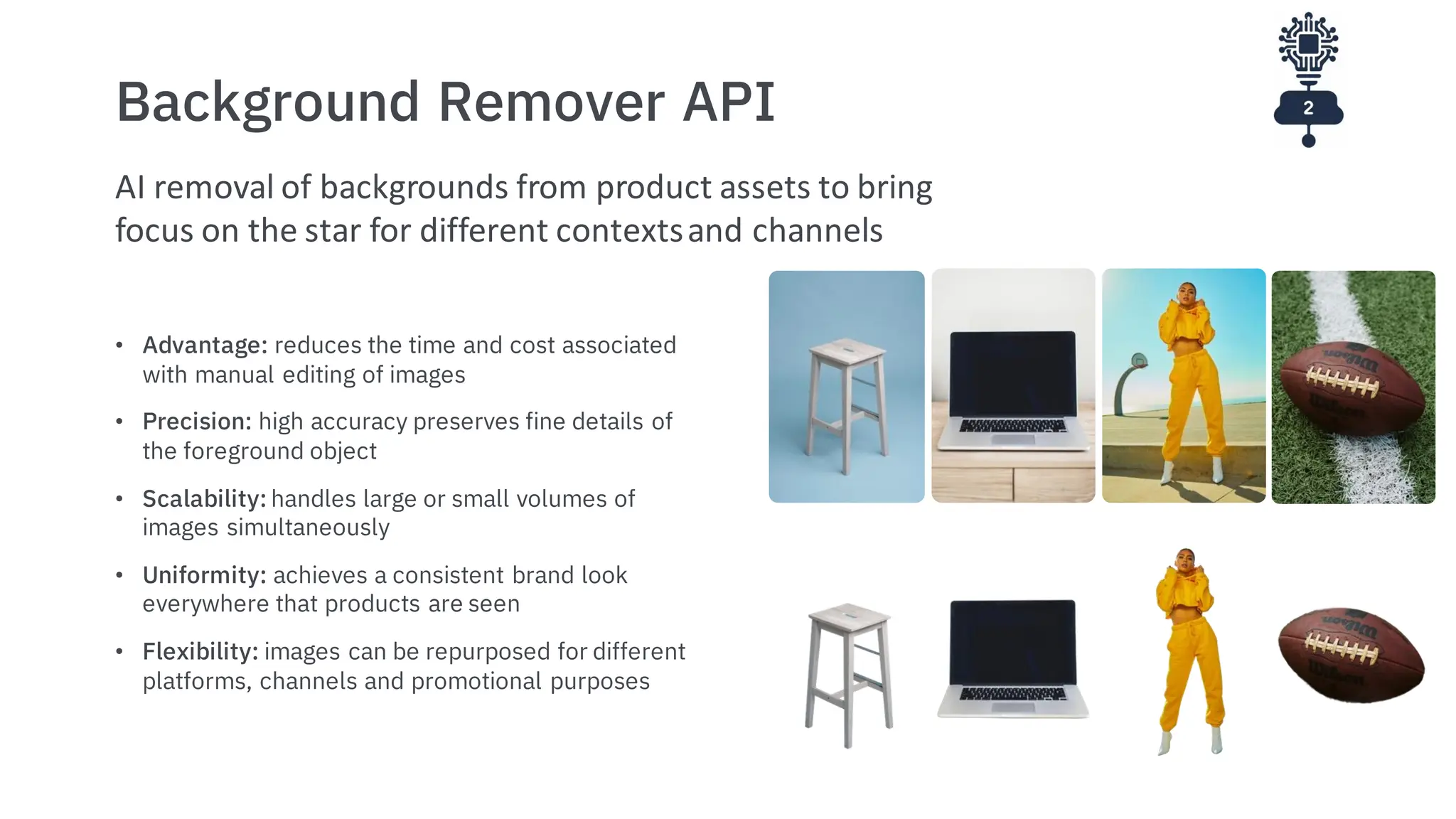 Background Remover API
• Advantage: reduces the time and cost associated
with manual editing of images
• Precision: high accuracy preserves fine details of
the foreground object
• Scalability: handles large or small volumes of
images simultaneously
• Uniformity: achieves a consistent brand look
everywhere that products are seen
• Flexibility: images can be repurposed for different
platforms, channels and promotional purposes
AI removal of backgrounds from product assets to bring
focus on the star for different contextsand channels
 