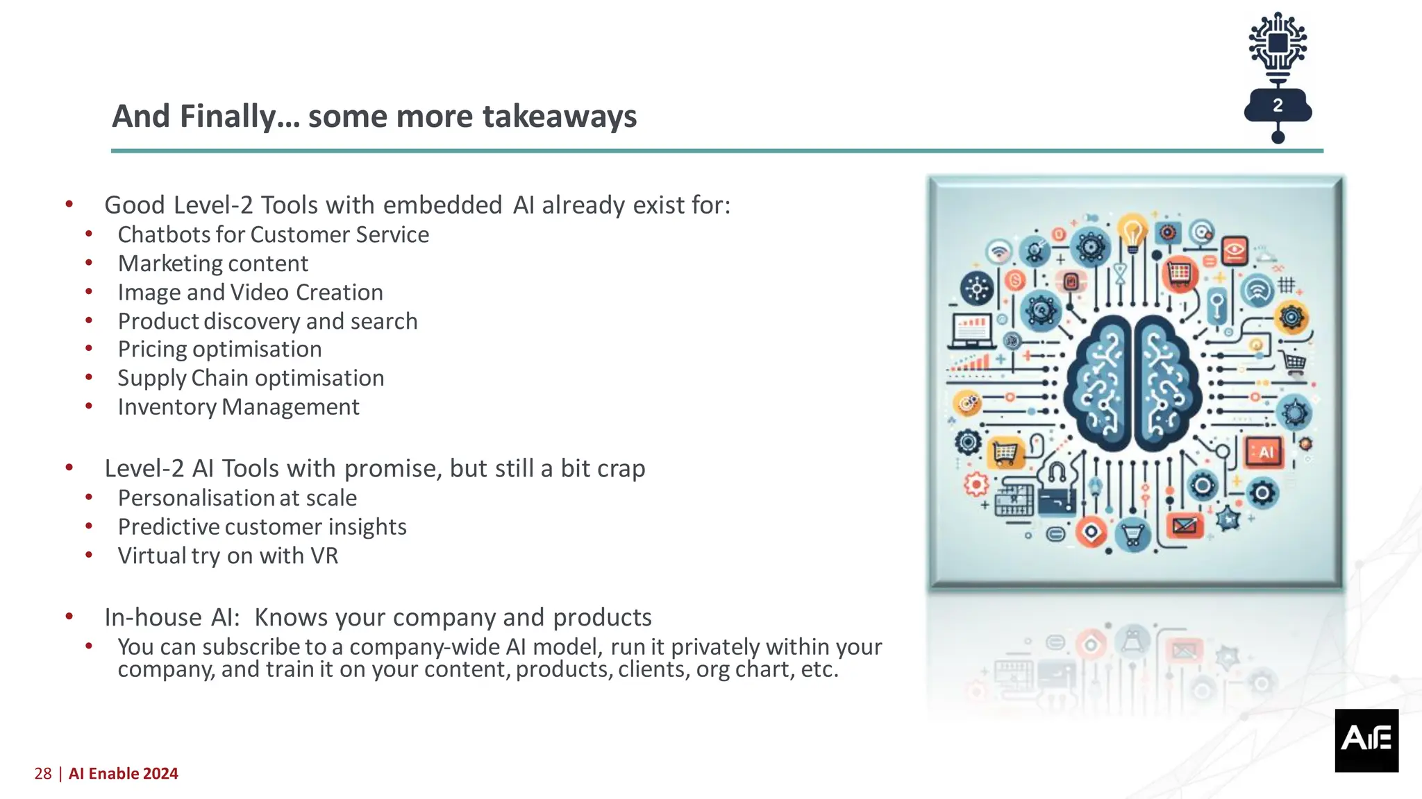28 | AI Enable 2024
• Good Level-2 Tools with embedded AI already exist for:
• Chatbots for Customer Service
• Marketing content
• Image and Video Creation
• Productdiscovery and search
• Pricing optimisation
• Supply Chain optimisation
• Inventory Management
• Level-2 AI Tools with promise, but still a bit crap
• Personalisationat scale
• Predictive customer insights
• Virtual try on with VR
• In-house AI: Knows your company and products
• You can subscribe to a company-wide AI model, run it privately within your
company, and train it on your content,products,clients, org chart, etc.
And Finally… some more takeaways
 
