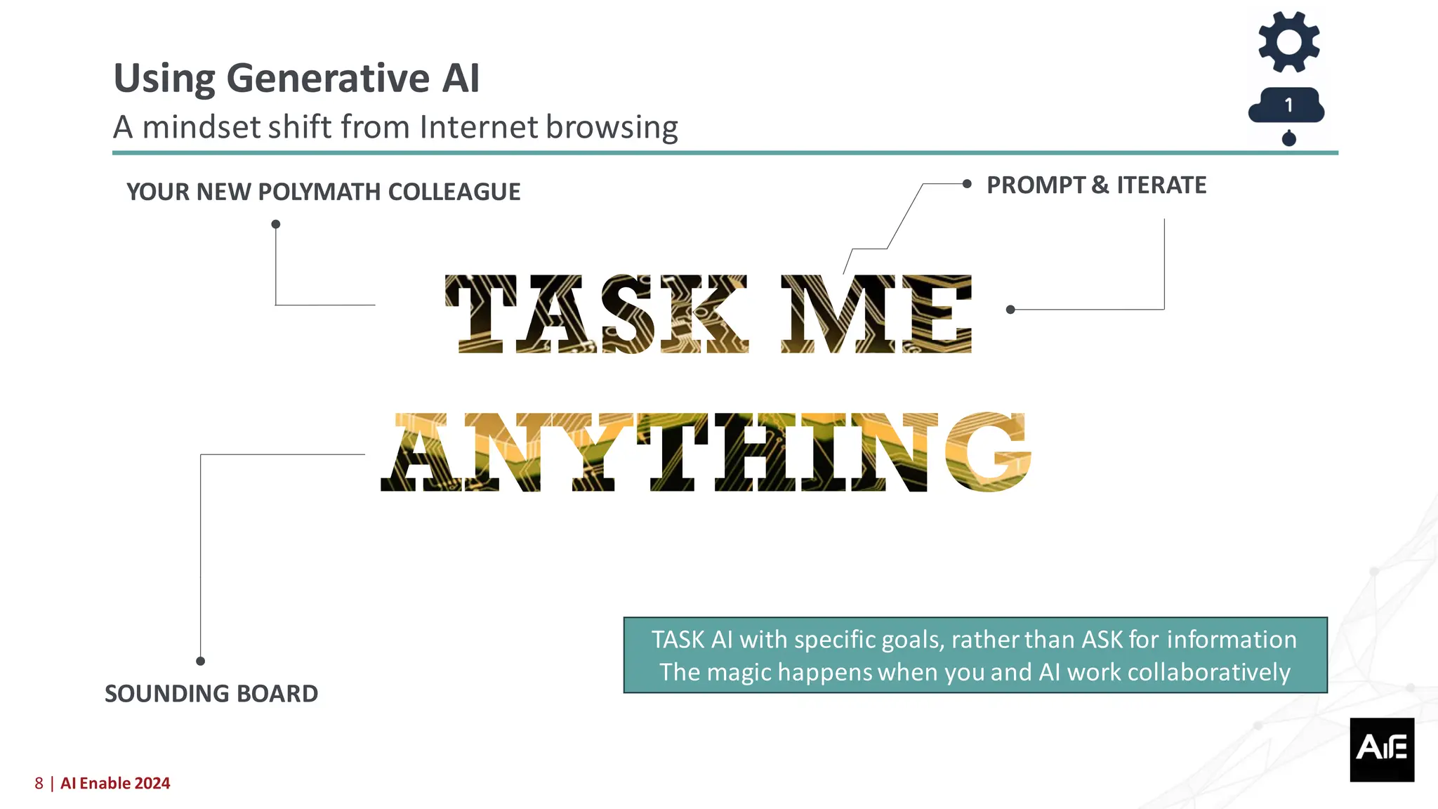 8 | AI Enable 2024
PROMPT & ITERATE
SOUNDING BOARD
YOUR NEW POLYMATH COLLEAGUE
TASK AI with specific goals, rather than ASK for information
The magic happenswhen you and AI work collaboratively
Using Generative AI
A mindset shift from Internet browsing
 