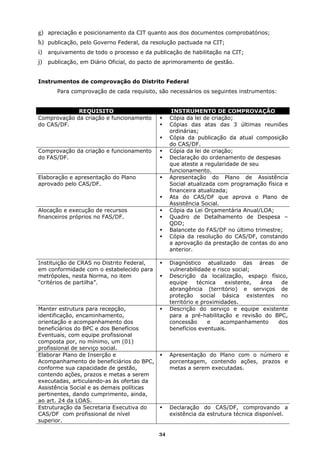 g) apreciação e posicionamento da CIT quanto aos dos documentos comprobatórios;
h) publicação, pelo Governo Federal, da resolução pactuada na CIT;
i) arquivamento de todo o processo e da publicação de habilitação na CIT;
j) publicação, em Diário Oficial, do pacto de aprimoramento de gestão.


Instrumentos de comprovação do Distrito Federal
      Para comprovação de cada requisito, são necessários os seguintes instrumentos:


             REQUISITO                           INSTRUMENTO DE COMPROVAÇÃO
Comprovação da criação e funcionamento          Cópia da lei de criação;
do CAS/DF.                                      Cópias das atas das 3 últimas reuniões
                                                ordinárias;
                                                Cópia da publicação da atual composição
                                                do CAS/DF.
Comprovação da criação e funcionamento          Cópia da lei de criação;
do FAS/DF.                                      Declaração do ordenamento de despesas
                                                que ateste a regularidade de seu
                                                funcionamento.
Elaboração e apresentação do Plano              Apresentação do Plano de Assistência
aprovado pelo CAS/DF.                           Social atualizada com programação física e
                                                financeira atualizada;
                                                Ata do CAS/DF que aprova o Plano de
                                                Assistência Social.
Alocação e execução de recursos                 Cópia da Lei Orçamentária Anual/LOA;
financeiros próprios no FAS/DF.                 Quadro de Detalhamento de Despesa –
                                                QDD;
                                                Balancete do FAS/DF no último trimestre;
                                                Cópia da resolução do CAS/DF, constando
                                                a aprovação da prestação de contas do ano
                                                anterior.

Instituição de CRAS no Distrito Federal,        Diagnóstico atualizado das áreas de
em conformidade com o estabelecido para         vulnerabilidade e risco social;
metrópoles, nesta Norma, no item                Descrição da localização, espaço físico,
“critérios de partilha”.                        equipe     técnica   existente, área  de
                                                abrangência (território) e serviços de
                                                proteção social básica existentes no
                                                território e proximidades.
Manter estrutura para recepção,                 Descrição do serviço e equipe existente
identificação, encaminhamento,                  para a pré-habilitação e revisão do BPC,
orientação e acompanhamento dos                 concessão      e    acompanhamento   dos
beneficiários do BPC e dos Benefícios           benefícios eventuais.
Eventuais, com equipe profissional
composta por, no mínimo, um (01)
profissional de serviço social.
Elaborar Plano de Inserção e                    Apresentação do Plano com o número e
Acompanhamento de beneficiários do BPC,         porcentagem, contendo ações, prazos e
conforme sua capacidade de gestão,              metas a serem executadas.
contendo ações, prazos e metas a serem
executadas, articulando-as às ofertas da
Assistência Social e as demais políticas
pertinentes, dando cumprimento, ainda,
ao art. 24 da LOAS.
Estruturação da Secretaria Executiva do         Declaração do CAS/DF, comprovando a
CAS/DF com profissional de nível                existência da estrutura técnica disponível.
superior.

                                           34
 