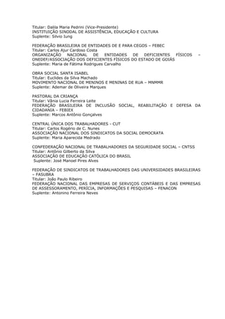 Titular: Dalila Maria Pedrini (Vice-Presidente)
INSTITUIÇÃO SINODAL DE ASSISTÊNCIA, EDUCAÇÃO E CULTURA
Suplente: Silvio Iung

FEDERAÇÃO BRASILEIRA DE ENTIDADES DE E PARA CEGOS – FEBEC
Titular: Carlos Ajur Cardoso Costa
ORGANIZAÇÃO        NACIONAL     DE  ENTIDADES DE DEFICIENTES FÍSICOS   –
ONEDEF/ASSOCIAÇÃO DOS DEFICIENTES FÍSICOS DO ESTADO DE GOIÁS
Suplente: Maria de Fátima Rodrigues Carvalho

OBRA SOCIAL SANTA ISABEL
Titular: Euclides da Silva Machado
MOVIMENTO NACIONAL DE MENINOS E MENINAS DE RUA – MNMMR
Suplente: Ademar de Oliveira Marques

PASTORAL DA CRIANÇA
Titular: Vânia Lucia Ferreira Leite
FEDERAÇÃO BRASILEIRA DE INCLUSÃO SOCIAL, REABILITAÇÃO E DEFESA DA
CIDADANIA – FEBIEX
Suplente: Marcos Antônio Gonçalves

CENTRAL ÚNICA DOS TRABALHADORES - CUT
Titular: Carlos Rogério de C. Nunes
ASSOCIAÇÃO NACIONAL DOS SINDICATOS DA SOCIAL DEMOCRATA
Suplente: Maria Aparecida Medrado

CONFEDERAÇÃO NACIONAL DE TRABALHADORES DA SEGURIDADE SOCIAL – CNTSS
Titular: Antônio Gilberto da Silva
ASSOCIAÇÃO DE EDUCAÇÃO CATÓLICA DO BRASIL
 Suplente: José Manoel Pires Alves

FEDERAÇÃO DE SINDICATOS DE TRABALHADORES DAS UNIVERSIDADES BRASILEIRAS
– FASUBRA
Titular: João Paulo Ribeiro
FEDERAÇÃO NACIONAL DAS EMPRESAS DE SERVIÇOS CONTÁBEIS E DAS EMPRESAS
DE ASSESSORAMENTO, PERÍCIA, INFORMAÇÕES E PESQUISAS – FENACON
Suplente: Antonino Ferreira Neves
 