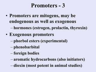 Promoters - 3
• Promoters are mitogens, may be
endogenous as well as exogenous
– hormones (estrogen, prolactin, thyroxin)
• Exogenous promoters
– phorbol esters (experimental)
– phenobarbital
– foreign bodies
– aromatic hydrocarbons (also initiators)
– dioxin (most potent in animal studies)
 