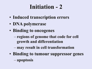 Initiation - 2
• Induced transcription errors
• DNA polymerase
• Binding to oncogenes
– regions of genome that code for cell
growth and differentiation
– may result in cell transformation
• Binding to tumour suppressor genes
– apoptosis
 