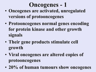 Oncogenes - 1
• Oncogenes are activated, unregulated
versions of protooncogenes
• Protooncogenes normal genes encoding
for protein kinase and other growth
signals
• Their gene products stimulate cell
growth
• Viral oncogenes are altered copies of
protooncogenes
• 20% of human tumours show oncogenes
 