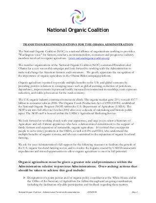 National Organic Coalition – Administration Transition Recommendations 12/16/2008 Page 1
 