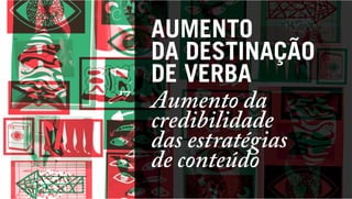 AUMENTO 
DA DESTINAÇÃO
DE VERBA
Aumento da
credibilidade 
das estratégias 
de conteúdo

 