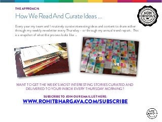 THE APPROACH:
HowWeReadAndCurateIdeas…
WANT TO GET THE WEEK’S MOST INTERESTING STORIES CURATED AND
DELIVERED TO YOUR INBOX...