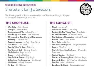 The following are all of the books selected for the Shortlist and Longlist this year.
All selections are listed alphabetic...