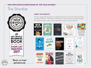 NON-OBVIOUS BUSINESS BOOK OF THE YEAR AWARDS:
The Shortlist
*Books are listed
alphabetically
ABOUT THE LONGLIST:
This year...