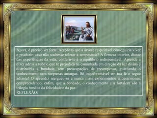 Agora, é preciso ser forte. Acreditas que a árvore respeitável conseguiria viver
e produzir, caso não soubesse tolerar a tempestade? A firmeza interior, diante
das experiências da vida, conferir-te-á o equilíbrio indispensável. Aprende a
dizer adeus a tudo o que te prejudica na caminhada em direção da luz divina e
distribuirás a bondade, sem preocupações de recompensa, guardando o
conhecimento sem surpresas amargas. Sê inquebrantável em tua fé e segue
adiante! O aprendiz reergueu-se e nunca mais experimentou a desarmonia,
compreendendo, enfim, que a bondade, o conhecimento e a fortaleza são a
trilogia bendita da felicidade e da paz.
REFLEXÃO:
 