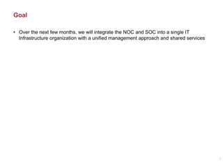 Goal
2
• Over the next few months, we will integrate the NOC and SOC into a single IT
Infrastructure organization with a unified management approach and shared services
 