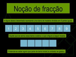 A figura abaixo desenhada representa uma barra de madeira dividida em 9 partes iguais. Noção de fracção Supõe que se serrou essa barra e sobrou o que a figura a seguir mostra. Pretende-se saber agora que parte da barra inicial (a unidade) se gastou. 1 2 3 4 5 6 7 8 9 