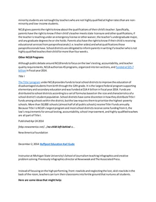 minority students are not taught by teachers who are not highly qualified at higher rates than are non-minority 
and low-income students. 
NCLB gives parents the right to know about the qualifications of their child’s teacher. Specifically, 
parents have the right to know if their child’s teacher meets state licensure and other qualifications, if 
the teacher is teaching under an emergency license or other waiver, the teacher’s undergraduate major, 
and any graduate degrees he or she holds. Parents also have the right to know if their child is receiving 
educational services from paraprofessionals (i.e. teacher aides) and what qualifications those 
paraprofessionals have. School districts are obligated to inform parents in writing if a teacher who is not 
highly qualified teaches their child for more than four weeks. 
Other NCLB Programs 
Although public debate around NCLB tends to focus on the law’s testing, accountability, and teacher 
quality requirements, NCLB authorizes 45 programs, organized into ten sections, and funded at $25.7 
billion in fiscal year 2014. 
Title I 
The Title I program under NCLB provides funds to local school districts to improve the education of 
disadvantaged students from birth through the 12th grade. It is the largest federal program supporting 
elementary and secondary education and was funded at $14.4 billion in fiscal year 2014. Funds are 
distributed to school districts according to a set of formulas based on the size and characteristics of a 
school district’s student population. School districts have some discretion in how they distribute Title I 
funds among schools within the district, but the law requires them to prioritize the highest -poverty 
schools. More than 50,000 schools (almost half of all public schools) receive Title I funds annually. 
Because Title I is NCLB’s largest program and most school districts receive some funding from it, the 
law’s requirements for annual testing, accountability, school improvement, and highly-qualified teachers 
are all part of Title I. 
Published Apr 24 2014 
febp.newamerica.net/.../no-child-left-behind-o... 
New America Foundation 
December 2, 2014 Huffpost Education Karl Gude 
Instructor at Michigan State University's School of Journalism teaching infographics and creative 
problem solving. Previously infographics director at Newsweek and The Associated Press. 
Instead of focusing on the high performing, front-row kids and neglecting the lost, skid-row kids in the 
back of the room, teachers can turn their classrooms into fertile ground that nurtures all students. 
Here are some ideas that might help: 
 