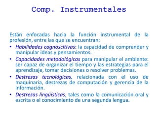 Comp. Instrumentales
Están enfocadas hacia la función instrumental de la
profesión, entre las que se encuentran:
• Habilidades cognoscitivas: la capacidad de comprender y
manipular ideas y pensamientos.
• Capacidades metodológicas para manipular el ambiente:
ser capaz de organizar el tiempo y las estrategias para el
aprendizaje, tomar decisiones o resolver problemas.
• Destrezas tecnológicas, relacionada con el uso de
maquinaria, destrezas de computación y gerencia de la
información.
• Destrezas lingüísticas, tales como la comunicación oral y
escrita o el conocimiento de una segunda lengua.
 