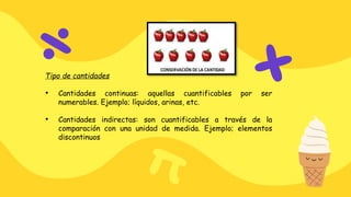 Tipo de cantidades
• Cantidades continuas: aquellas cuantificables por ser
numerables. Ejemplo; líquidos, arinas, etc.
• Cantidades indirectas: son cuantificables a través de la
comparación con una unidad de medida. Ejemplo; elementos
discontinuos
 