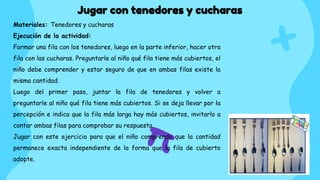 Jugar con tenedores y cucharas
Materiales: Tenedores y cucharas
Ejecución de la actividad:
Formar una fila con los tenedores, luego en la parte inferior, hacer otra
fila con las cucharas. Preguntarle al niño qué fila tiene más cubiertos, el
niño debe comprender y estar seguro de que en ambas filas existe la
misma cantidad.
Luego del primer paso, juntar la fila de tenedores y volver a
preguntarle al niño qué fila tiene más cubiertos. Si se deja llevar por la
percepción e indica que la fila más larga hay más cubiertos, invitarlo a
contar ambas filas para comprobar su respuesta.
Jugar con este ejercicio para que el niño comprenda que la cantidad
permanece exacta independiente de la forma que la fila de cubierto
adopte.
 