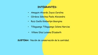 INTEGRANTES:
SUBTEMA: Noción de conservación de la cantidad.
• Amaguin Alvardo Joyce Carolina
• Córdova Sánchez Paola Alexandra
• Ruiz Coello Kimberlyn Georgina
• Tillaguango Tillaguango Celena Narcisa
• Villano Díaz Luisana Elizabeth
 