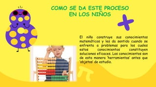COMO SE DA ESTE PROCESO
EN LOS NIÑOS
El niño construye sus conocimientos
matemáticos y les da sentido cuando se
enfrenta a problemas para los cuales
estos conocimientos constituyen
soluciones eficaces. Los conocimientos son
de esta manera ‘herramientas’ antes que
‘objetos’ de estudio.
 