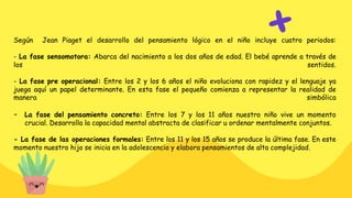 Según Jean Piaget el desarrollo del pensamiento lógico en el niño incluye cuatro periodos:
- La fase sensomotora: Abarca del nacimiento a los dos años de edad. El bebé aprende a través de
los sentidos.
- La fase pre operacional: Entre los 2 y los 6 años el niño evoluciona con rapidez y el lenguaje ya
juega aquí un papel determinante. En esta fase el pequeño comienza a representar la realidad de
manera simbólica
- La fase del pensamiento concreto: Entre los 7 y los 11 años nuestro niño vive un momento
crucial. Desarrolla la capacidad mental abstracta de clasificar u ordenar mentalmente conjuntos.
- La fase de las operaciones formales: Entre los 11 y los 15 años se produce la última fase. En este
momento nuestro hijo se inicia en la adolescencia y elabora pensamientos de alta complejidad.
 