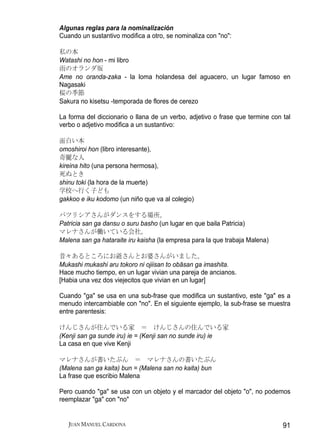 Algunas reglas para la nominalización
Cuando un sustantivo modifica a otro, se nominaliza con "no":

私の本
Watashi no hon - mi libro
雨のオランダ坂
Ame no oranda-zaka - la loma holandesa del aguacero, un lugar famoso en
Nagasaki
桜の季節
Sakura no kisetsu -temporada de flores de cerezo

La forma del diccionario o llana de un verbo, adjetivo o frase que termine con tal
verbo o adjetivo modifica a un sustantivo:

面白い本
omoshiroi hon (libro interesante),
奇麗な人
kireina hito (una persona hermosa),
死ぬとき
shinu toki (la hora de la muerte)
学校へ行く子ども
gakkoo e iku kodomo (un niño que va al colegio)

パツリシアさんがダンスをする場所。
Patricia san ga dansu o suru basho (un lugar en que baila Patricia)
マレナさんが働いている会社。
Malena san ga hataraite iru kaisha (la empresa para la que trabaja Malena)

昔々あるところにお爺さんとお婆さんがいました。
Mukashi mukashi aru tokoro ni ojiisan to obāsan ga imashita.
Hace mucho tiempo, en un lugar vivian una pareja de ancianos.
[Habia una vez dos viejecitos que vivian en un lugar]

Cuando "ga" se usa en una sub-frase que modifica un sustantivo, este "ga" es a
menudo intercambiable con "no". En el siguiente ejemplo, la sub-frase se muestra
entre parentesis:

けんじさんが住んでいる家 ＝ けんじさんの住んでいる家
(Kenji san ga sunde iru) ie = (Kenji san no sunde iru) ie
La casa en que vive Kenji

マレナさんが書いたぶん ＝ マレナさんの書いたぶん
(Malena san ga kaita) bun = (Malena san no kaita) bun
La frase que escribio Malena

Pero cuando "ga" se usa con un objeto y el marcador del objeto "o", no podemos
reemplazar "ga" con "no"


   JUAN MANUEL CARDONA                                                         91
 