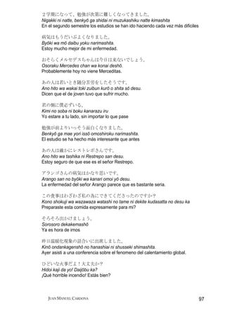 ２学期になって、勉強が次第に難しくなってきました。
Nigakki ni natte, benkyō ga shidai ni muzukashiku natte kimashita
En el segundo semestre los estudios se han ido haciendo cada vez más dificiles

病気はもうだいぶよくなりました。
Byōki wa mō daibu yoku narimashita.
Estoy mucho mejor de mi enfermedad.

おそらくメルセデスちゃんは今日は来ないでしょう。
Osoraku Mercedes chan wa konai deshō.
Probablemente hoy no viene Merceditas.

あの人は若いとき随分苦労をしたそうです。
Ano hito wa wakai toki zuibun kurō o shita sō desu.
Dicen que el de joven tuvo que sufrir mucho.

君の側に僕必ずいる。
Kimi no soba ni boku kanarazu iru
Yo estare a tu lado, sin importar lo que pase

勉強が前よりいっそう面白くなりました。
Benkyō ga mae yori issō omoshiroku narimashita.
El estudio se ha hecho más interesante que antes

あの人は確かにレストレポさんです。
Ano hito wa tashika ni Restrepo san desu.
Estoy seguro de que ese es el señor Restrepo.

アランゴさんの病気はかなり思いです。
Arango san no byōki wa kanari omoi yō desu.
La enfermedad del señor Arango parece que es bastante seria.

この食事はわざわざ私の為にできてくださったのですか？
Kono shokuji wa wazawaza watashi no tame ni dekite kudasatta no desu ka
Preparaste esta comida expresamente para mi?

そろそろ出かけましょう。
Sorosoro dekakemashō
Ya es hora de irnos

昨日温暖化現象の話合いに出席しました。
Kinō ondankagenshō no hanashiai ni shusseki shimashita.
Ayer asisti a una conferencia sobre el fenomeno del calentamiento global.

ひどいな火事だよ！大丈夫か？
Hidoi kaji da yo! Daijōbu ka?
¡Qué horrible incendio! Estás bien?



   JUAN MANUEL CARDONA                                                           97
 
