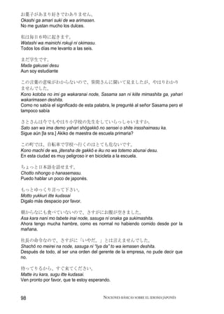 お菓子があまり好きでわありません。
Okashi ga amari suki de wa arimasen.
No me gustan mucho los dulces.

私は毎日６時に起きます。
Watashi wa mainichi rokuji ni okimasu.
Todos los días me levanto a las seis.

まだ学生です。
Mada gakusei desu
Aun soy estudiante

この言葉の意味がわからないので、笹間さんに聞いて見ましたが、やはりわかり
ませんでした。
Kono kotoba no imi ga wakaranai node, Sasama san ni kiite mimashita ga, yahari
wakarimasen deshita.
Como no sabía el significado de esta palabra, le pregunté al señor Sasama pero el
tampoco sabía

さとさんは今でもやはり小学校の先生をしていらっしゃいますか。
Sato san wa ima demo yahari shōgakkō no sensei o shite irasshaimasu ka.
Sigue aún [la sra.] Akiko de maestra de escuela primaria?

この町では、自転車で学校へ行くのはとても危ないです。
Kono machi de wa, jitensha de gakkō e iku no wa totemo abunai desu.
En esta ciudad es muy peligroso ir en bicicleta a la escuela.

ちょっと日本語を話せます。
Chotto nihongo o hanasemasu.
Puedo hablar un poco de japonés.

もっとゆっくり言って下さい。
Motto yukkuri itte kudasai
Digalo más despacio por favor.

朝からなにも食べていないので、さすがにお腹が空きました。
Asa kara nani mo tabete inai node, sasuga ni onaka ga sukimashita.
Ahora tengo mucha hambre, como es normal no habiendo comido desde por la
mañana.

社長の命令なので、さすがに「いやだ。」とは言えませんでした。
Shachō no meirei na node, sasuga ni “Iya da” to wa iemasen deshita.
Después de todo, al ser una orden del gerente de la empresa, no pude decir que
no.

待ってりるから、すぐ来てください。
Matte iru kara, sugu itte kudasai.
Ven pronto por favor, que te estoy esperando.


98                                       NOCIONES BÁSICAS SOBRE EL IDIOMA JAPONÉS
 