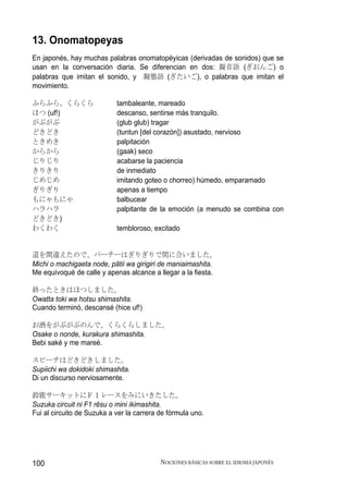 13. Onomatopeyas
En japonés, hay muchas palabras onomatopéyicas (derivadas de sonidos) que se
usan en la conversación diaria. Se diferencian en dos: 擬音語 (ぎおんご) o
palabras que imitan el sonido, y 擬態語 (ぎたいご), o palabras que imitan el
movimiento.

ふらふら、くらくら                   tambaleante, mareado
ほつ (uf!)                    descanso, sentirse más tranquilo.
がぶがぶ                        (glub glub) tragar
どきどき                        (tuntun [del corazón]) asustado, nervioso
ときめき                        palpitación
からから                        (gaak) seco
じりじり                        acabarse la paciencia
きりきり                        de inmediato
じめじめ                        imitando goteo o chorreo) húmedo, emparamado
ぎりぎり                        apenas a tiempo
もにゃもにゃ                      balbucear
ハラハラ                        palpitante de la emoción (a menudo se combina con
どきどき)
わくわく                        tembloroso, excitado


道を間違えたので、パーチーはぎりぎりで間に合いました。
Michi o machigaeta node, pātii wa girigiri de maniaimashita.
Me equivoqué de calle y apenas alcance a llegar a la fiesta.

終ったときはほつしました。
Owatta toki wa hotsu shimashita.
Cuando terminó, descansé (hice uf!)

お酒をがぶがぶのんで、くらくらしました。
Osake o nonde, kurakura shimashita.
Bebi saké y me mareé.

スピーチはどきどきしました。
Supiichi wa dokidoki shimashita.
Di un discurso nerviosamente.

鈴鹿サーキットにＦ１レースをみにいきたした。
Suzuka circuit ni F1 rēsu o mini ikimashita.
Fui al circuito de Suzuka a ver la carrera de fórmula uno.




100                                        NOCIONES BÁSICAS SOBRE EL IDIOMA JAPONÉS
 