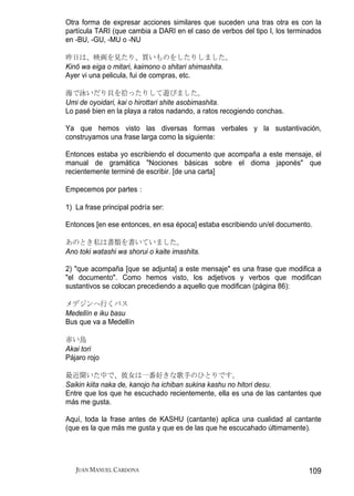 Otra forma de expresar acciones similares que suceden una tras otra es con la
partícula TARI (que cambia a DARI en el caso de verbos del tipo I, los terminados
en -BU, -GU, -MU o -NU

昨日は、映画を見たり、買いものをしたりしました。
Kinō wa eiga o mitari, kaimono o shitari shimashita.
Ayer vi una pelicula, fui de compras, etc.

海で泳いだり貝を拾ったりして遊びました。
Umi de oyoidari, kai o hirottari shite asobimashita.
Lo pasé bien en la playa a ratos nadando, a ratos recogiendo conchas.

Ya que hemos visto las diversas formas verbales y la sustantivación,
construyamos una frase larga como la siguiente:

Entonces estaba yo escribiendo el documento que acompaña a este mensaje, el
manual de gramática "Nociones básicas sobre el dioma japonés" que
recientemente terminé de escribir. [de una carta]

Empecemos por partes：

1) La frase principal podría ser:

Entonces [en ese entonces, en esa época] estaba escribiendo un/el documento.

あのとき私は書類を書いていました。
Ano toki watashi wa shorui o kaite imashita.

2) "que acompaña [que se adjunta] a este mensaje" es una frase que modifica a
"el documento". Como hemos visto, los adjetivos y verbos que modifican
sustantivos se colocan precediendo a aquello que modifican (página 86):

メデジンへ行くバス
Medellín e iku basu
Bus que va a Medellín

赤い鳥
Akai tori
Pájaro rojo

最近聞いた中で、彼女は一番好きな歌手のひとりです。
Saikin kiita naka de, kanojo ha ichiban sukina kashu no hitori desu.
Entre que los que he escuchado recientemente, ella es una de las cantantes que
más me gusta.

Aquí, toda la frase antes de KASHU (cantante) aplica una cualidad al cantante
(que es la que más me gusta y que es de las que he escucahado últimamente).




   JUAN MANUEL CARDONA                                                       109
 
