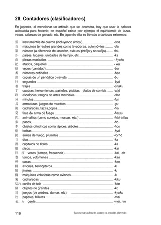 20. Contadores (clasificadores)
En japonés, al mencionar un articulo que se enumera, hay que usar la palabra
adecuada para hacerlo; en español existe por ejemplo el equivalente de tazas,
vasos, cabezas de ganado, etc. En japonés ello es llevado a curiosos extremos:

張 instrumentos de cuerda (incluyendo arcos)........................................... -chō
台 máquinas terrestres grandes como lavadoras, automóviles ......... -dai
第 número (a diferencia del anterior, este es prefijo y no sufijo) ........ dai-
か paises, lugares, unidades de tiempo, etc............................................... -ka
曲 piezas musicales .......................................................................................... - kyoku
把 atados, paquetes .......................................................................................... - wa
倍 veces (cantidad) ............................................................................................. -bai
番 números ordinales ......................................................................................... -ban
部 copias de un periódico o revista .............................................................. -bu
秒 segundos ......................................................................................................... -byō
着 trajes .................................................................................................................. -chaku
丁 cuadras, herramientas, pasteles, pistolas, platos de comida ........ -chō
段 escalones, rangos de artes marciales ................................................... -dan
分 minutos ............................................................................................................. -fun
具 armaduras, juegos de muebles ................................................................. -gu
廃 cucharadas, tazas,copas............................................................................. -hai
発 tiros de arma de fuego ................................................................................ -hatsu
匹、 animalitos (como conejos, moscas, etc.) ............................................... -hiki, hitsu
歩 pasos ................................................................................................................. -ho
本 objetos cilindricos como lápices, árboles ............................................... -hon
俵 bolsas ................................................................................................................ -hyō
挺 armas de fuego, plumillas ........................................................................... -icchō
日 dias ..................................................................................................................... -ka
課 capitulos de libros ......................................................................................... -ka
階 pisos................................................................................................................... -kai
回、度 veces (tiempo, frecuencia)................................................................... -kai, -do
巻 tomos, volúmenes ......................................................................... -kan
軒 casas ................................................................................................................. -ken
機 aviones, helicópteros .................................................................................... -ki
騎 jinetes ............................................................................................................... -ki
機 máquinas voladoras como aviones .......................................................... -ki
菊 cucharadas ..................................................................................................... -kiku
切れ cortés de tela ................................................................................................. -kire
個 objetos no grandes ........................................................................................ -ko
局 juegos (de ajedrez, damas, etc). .......................................................... -kyoku
枚 papeles, billetes.............................................................................................. -mai
名、人 gente ........................................................................................................... -mei, nin


116                                                                 NOCIONES BÁSICAS SOBRE EL IDIOMA JAPONÉS
 