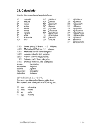 21. Calendario
Los días del mes se citan de la siguiente forma:

1º        tsuitachi                11º     jūichinichi     21º   nijūichinichi
2º        futsuka                  12º     jūninichi       22º   nijūninichi
3º        mikka                    13º     jūsannichi      23º   nijūsannichi
4º        yokka                    14º     jūyokka         24º   nijūyokka
5º        itsuka                   15º     jūgonichi       25º   nijūgonichi
6º        muika                    16º     jūrokunichi     26º   nijūrokunichi
7º        nanoka                   17º     jūshichinichi   27º   nijūshichinichi
8º        yōka                     18      jūhachinichi    28º   nijūhachinichi
9º        kokonoka                 19º     jūkunichi       29º   nijūkunichi
10º       tōka                     20º     hatsuka         30º   sanjūnichi
                                                           31º   sanjūichinichi

月曜日 Lunes getsuyōbi Enero 一月 ichigatsu
火曜日 Martes kayōbi Febrero 二月 nigatsu
水曜日 Miercoles suiyōbi Marzo sangatsu
木曜日 Jueves mokuyōbi Abril shigatsu
金曜日 Viernes kinyōbi Mayo gogatsu
土曜日 Sabado doyōbi Junio rokugatsu
日曜日 Domingo nichiyōbi Julio shichigatsu
agosto     hachigatsu
septiembre  kugatsu
octubre    jūgatsu
noviembre  jūichigatsu
diciembre  jūnigatsu

妻のお誕生日は８月二十日です。
Tsuma no otanjōbi wa hachigatsu yokka desu.
El cumpleaños de mi esposa es el 20 de agosto.

春      haru    primavera
夏      natsu   verano
秋      aki     otoño
冬      fuyu    invierno




      JUAN MANUEL CARDONA                                                 119
 