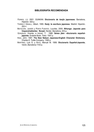 BIBLIOGRAFÍA RECOMENDADA


FERRES, J.J. 2001. GUNKAN: Diccionario de kanjis japoneses. Barcelona,
     Hiperión. 425 p.
TORRES I GRAELL, Albert. 1995. Kanji, la escritura japonesa. Madrid: Hiperión.
     253 P.
MATSUURA, Junichi y PORTA FUENTES, Lourdes. 2000. Nihongo: Japonés para
     hispanohablantes · Bunpō. Herder, Barcelona. 433 p.
GONZÁLEZ, Vicente. e ISSHIKI, T. 1986. Seiwa jiten –diccionario español-
     japonés. Enderle Book, Tokio. 1547 p.
HAIG, John. 1997. The New Nelson Japanese-English Character Dictionary.
     Charles E. Tuttle Company. 1595 p.
MARTÍNEZ, Luis S. y KATO, Manuel M. 1999. Diccionario Español-Japonés.
     Verón, Barcelona.1103 p.




   JUAN MANUEL CARDONA                                                    125
 