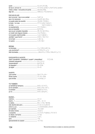quizá. .............................................................. もしかしたらね。
tal vez sí, tal vez no. ....................................... そうかもしれないしちがうかもしれない
mitad y mitad. / cincuenta-cincuenta. ............. はんはんだね。
algo así............................................................ まあえん／そんなかんじ

ESO NO ES ASÍ.
eso no es así. / eso no es verdad. ................. ちがうよ
eso ni lo mencione. ........................................ もんだいがいだよ。
no puedo estar de acuerdo. ........................... さんせいできない。
lo dudo. / no creo. .......................................... そうじゃないとおもう
no creo. ..........................................................    ちがうとおもう。
no exactamente. ............................................. そうでもない。
eso es imposible. ........................................... むりだよ。
eso es por completo imposible. ...................... ぜったいむりだよ。
¡ni modo! ¡de ninguna manera ........................ とんでもない。
no lo puedo creer/increíble. ............................ しんじられない。
¡terrible! / ¡que horror! ..................................... ひどい／さいてい
no lo haré. ....................................................... しないよ.
no quiero. ....................................................... したくない


BROMA
no bromees. ................................................... じょうだにゃめてよ。
¿es una broma? .............................................. ようだんでしょう。
sólo bromeaba ................................................ ...ほんのじょうだん／ほんのじょうく


EXCELENTE/LO HICISTE
¡bien!/ ¡excelente! / ¡fantástico! / ¡super! / ¡maravilloso!                すごいね
¡chévere! estupendo. ...................................... かっこいい
¡sorprendente! ................................................ おどろいた
¡lo lograste! /.................................................... やったね
¡lo logré! ......................................................... やった


SUERTE
¡que suerte! .................................................... なんてラッキー
tienes suerte.................................................... ラッキーだね
qué envidia. .................................................... うらやましい


YO TAMBIÉN
yo también/yo tampoco... ............................... わたしもうそう。
el mío también................................................. わたしのもうそう。
tú también ....................................................... あなたもうそう。
yo no ............................................................... わたしはちがう。


BUENO...
veamos... ....................................................... えっと
bueno... / ........................................................ さて、えっと
tu sabes, ......................................................... ねしってる／あのね
odio decirte esto pero.... ................................. いいにくいんだけど
entre tu y yo... ............................................... ここだけのはなしだけど
por ejemplo... ................................................. たとえば
de todos modos, ............................................. とにかく
a propósito, .................................................... ところで／ちなみに／そうそう
en efecto, de hecho, ....................................... じつは
no obstante ..................................................... しかし
pero... .............................................................. でも
aprovechando la ocasión ................................ ついでに



134                                                                   NOCIONES BÁSICAS SOBRE EL IDIOMA JAPONÉS
 